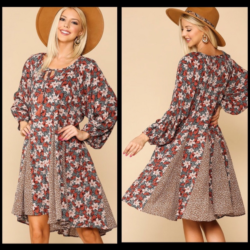 Gigio Floral and Animal Print Orange and Cream Peasant Dress Size Large
